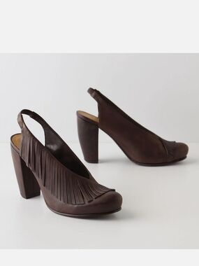Anthropologie Colico Dark Brown Fringe Slingback Block Heels